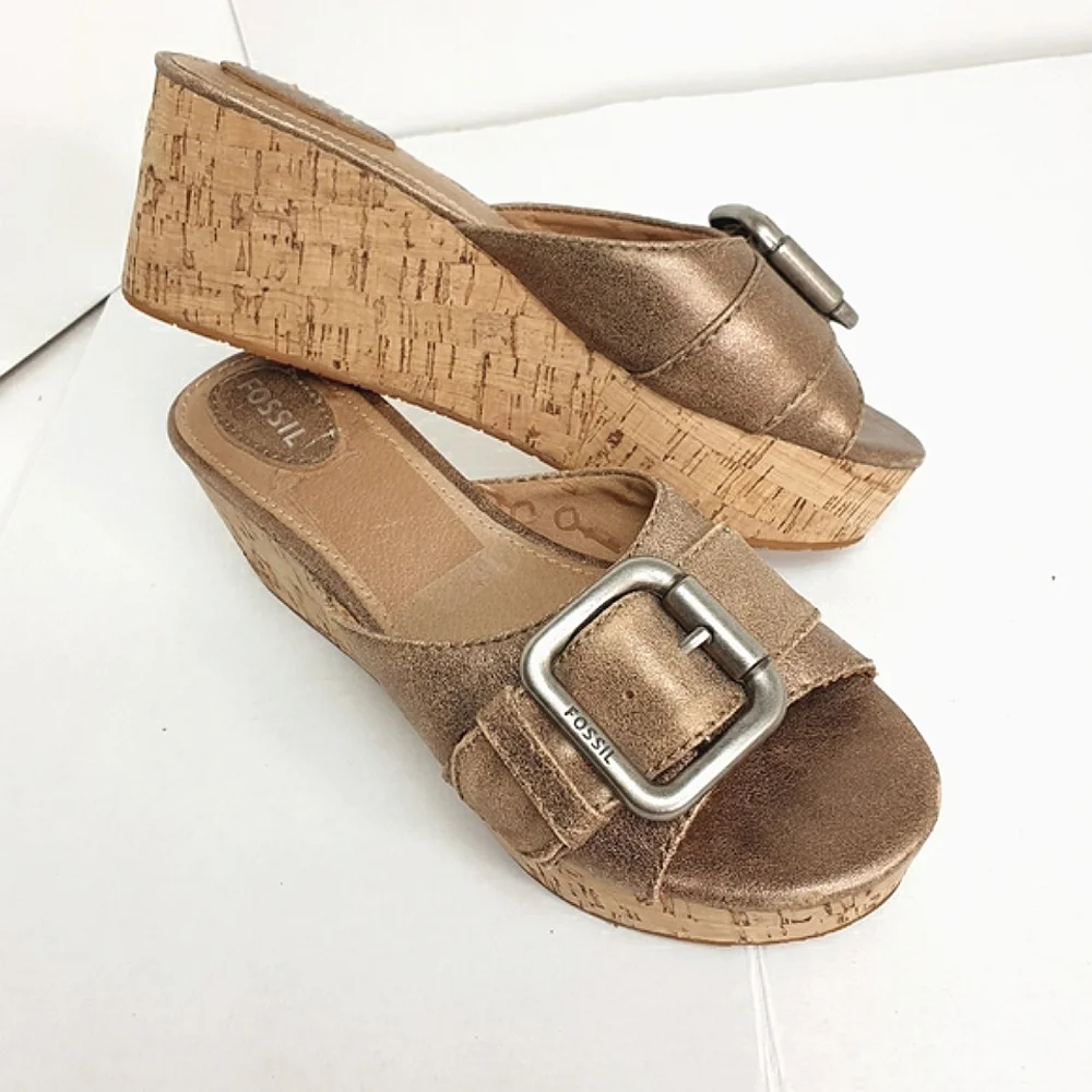 Fossil Malea Platform Slide Sandals Cork wedge metallic leather size 6.5